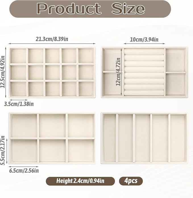 4 Pcs Stackable Jewelry Organizer Trays, 8 x 5 x 1 Inch Velvet Jewelry Trays Beige Jewellery Drawer Inserts Organizer Display Case Storage with Removable Dividers for Earring, Necklace, Rings