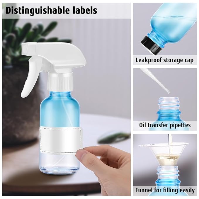 Tecohouse Glass Spray Bottles 4 oz, 2 Pack Spray Bottles for Hair Empty Refillable Fine Mist Sprayer with Labels, Funnel, Pipettes Blue