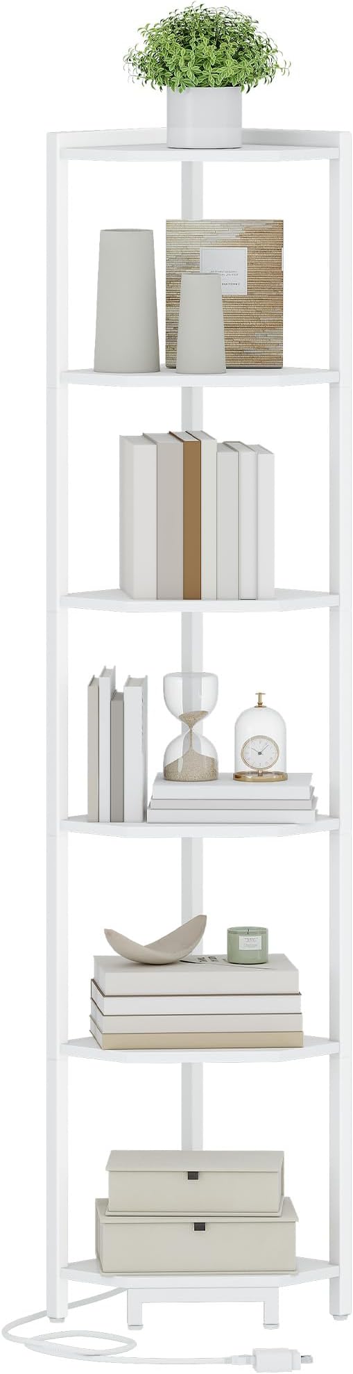 Hzuaneri Corner Shelf with LED Light 6 Tier Corner Bookshelf Standing Shelf | Tall Narrow Display Bookcase with Metal Frame for Small Space, Living Room, Home Office, Bedroom, White CS66613W