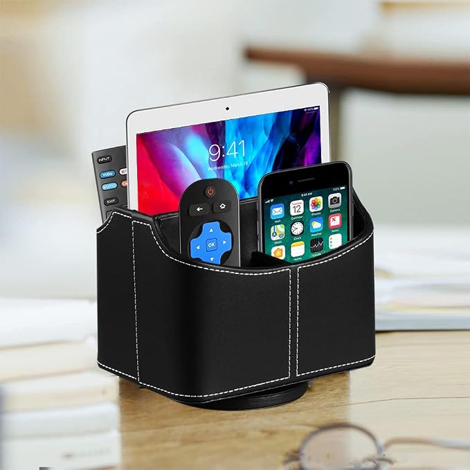Leather 360° Spinning Remote Control Holder, Pencil Pen Holder for Desk Table Nightstand, TV Remote Caddy Organizer, Black Office Decor and Accessories, Storage Box for Phone,Media Player Controllers | Nightstand Organizer Storage Box with 5 Compartmen...