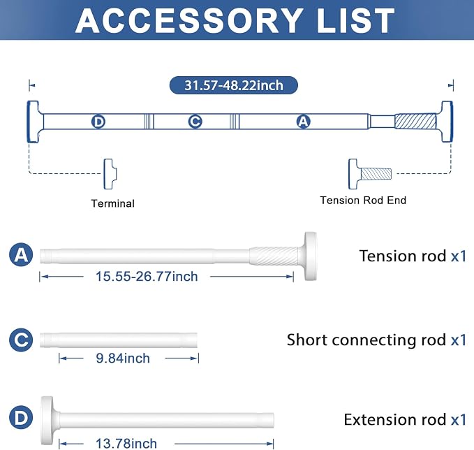 Tension Curtain Rod 32-48Inch White Shower Rod Tension Rod Adjustable Curtain Rods no Drilling Curtain Rods for Bathroom,Windows,Closets,Doorway