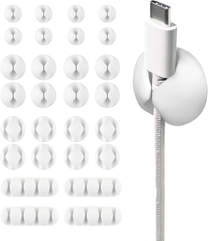 Wrap-It Storage Cable Clips - (Assorted 28-Pack) White - Desk and Nightstand Cable Holder for Phone and Bedside Table Cord Organizer