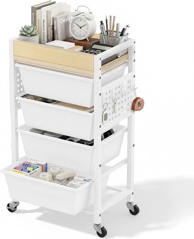 5 Tier Rolling Cart with Drawers, Plastic Drawer Storage Craft Cart with Pegboards & Hooks, Metal Utility Cart with Wheels & Wooden Tabletop, Classroom Office Art Supply Organizers and Storage, White