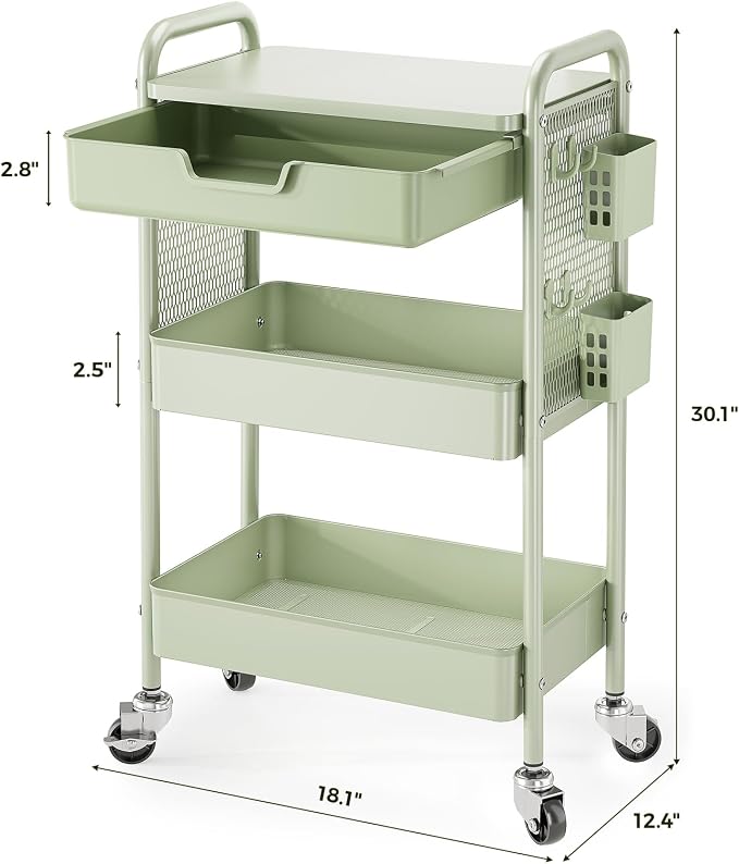 Rolling cart with Drawers - 3 Tier Metal Multifunctional Storage Organizors on Wheels with Tabletop, Hooks & Basket, Sturdy Craft & Art Cart for Bathroom, Bedroom, Children Room, Green