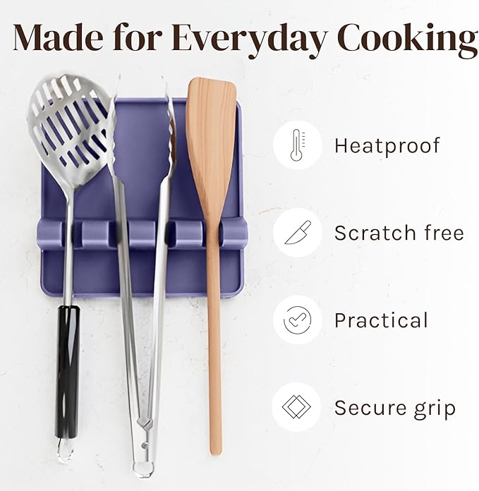 Cooler Kitchen Silicone Spoon Rest for Stove Top with Drip Pad (Two Pack) - Heat Resistant BPA Free Utensil Rest & Spoon Holder for Kitchen Counter - Grill Utensil Holder - Spatula Holder, Purple