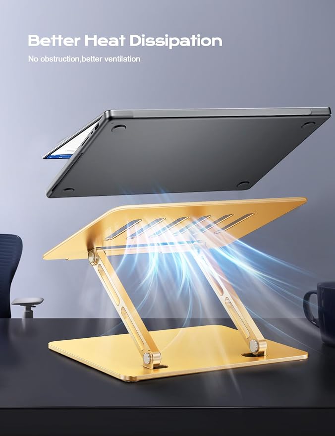 LOXP Aluminum Laptop Stand, Adjustable Laptop Stand for Desk Foldable | Portable Laptop Riser, Ergonomic Computer Notebook Holder for Desk, Office Desk Accessories (10-15.6'') - Gold