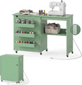 Giantex Folding Sewing Table with Charging Station, Storage Trays & Shelf | Rolling Craft Table with Lockable Wheels, Foldable Sewing Machine Cabinet Desk for Small Spaces, Dorms, Sage