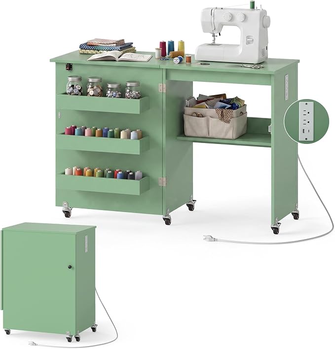 Giantex Folding Sewing Table with Charging Station, Storage Trays & Shelf | Rolling Craft Table with Lockable Wheels, Foldable Sewing Machine Cabinet Desk for Small Spaces, Dorms, Sage