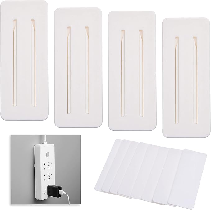 Self Adhesive Power Strip Holder 4 Pack - No Drill Extension Block Wall Mount Fixator - Easy to Install Sliding Design - for Home, Kitchen, Office - Attaches to Wood, Plastic, Metal, Ceramic