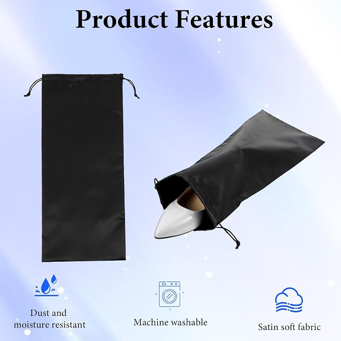 4 Pack Shoe Bags for Travel, Satin Fabric Shoe Bag with Drawstring for Men Women, Black Shoes Storage Bags for Travel Protecting Storing Shoes, Washable & Reusable, 17.7× 7.9 In (Black)