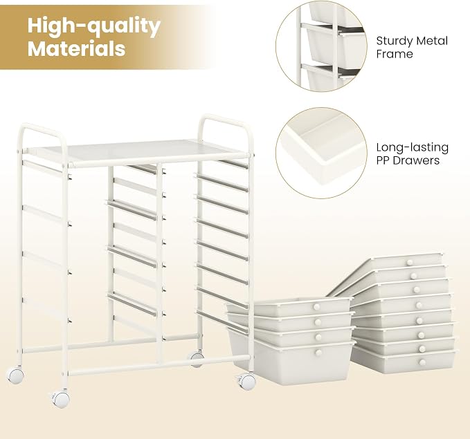 COSTWAY 12 Drawer Rolling Storage Cart, Utility Cart with Metal Frame | Mobile Art Supply Craft Organizer, Multipurpose Storage Organizer for Paper, Office, School Teacher, Classroom, White