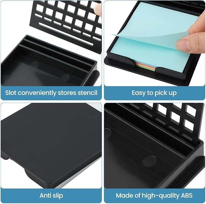 Sticky Note Holder with 5 Different Stencil & 100 Sheet Post It Notes, 3x3 inch Sticky Pads Dispenser with Line Box Drawing Template for Office and Home(COLOR:black)