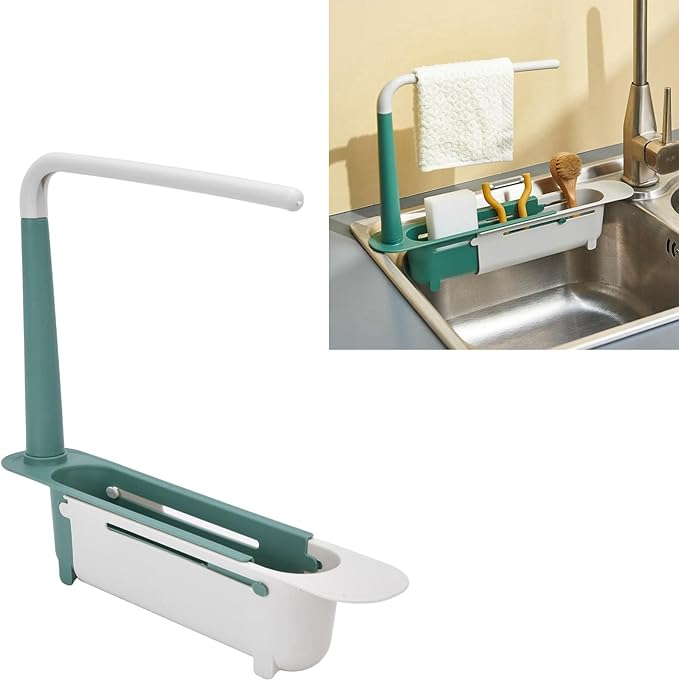 Telescopic Sink Storage Rack, Retractable Sink Drainer with Bracket and Crossbar Telescopic Kitchen Over Sink Organizer with Towel Hanger for Kitchen (Green)