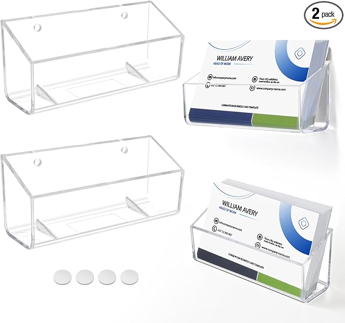 Acrylic Business Card Holder, 2 Pack Wall Mount Name Card Holder, Office Calling Cards Display Holder Stand, Visiting Cards Desktop Organizer for Wall Mount or Place on Desk, Fits 40-60 Business Cards