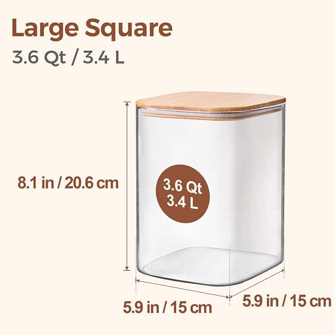 ComSaf Glass Storage Jars with Bamboo Lids 3.6 Qt Large Pantry Square | Cabinet Organization, Flour Sugar Coffee Beans, Pasta Cereal Dry Food, Big Capacity, Dry Food Storage