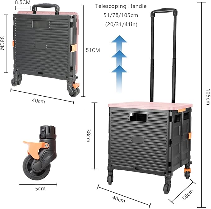 Quick Utility Cart Folding Portable Rolling Crate Handcart with Durable Heavy Duty Plastic Telescoping Handle Collapsible 4 Rotate Wheels for Travel Shopping Moving Luggage Office Use (black&pink lid)
