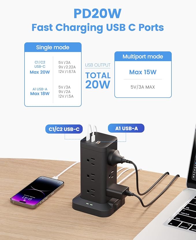 Power Strip Tower with Surge Protector 1800J, Fast Charging Tower PD20W USB-C Ports with 12 AC Outlets, Extension Cord for Home Office Dorm Room, 10ft, Black