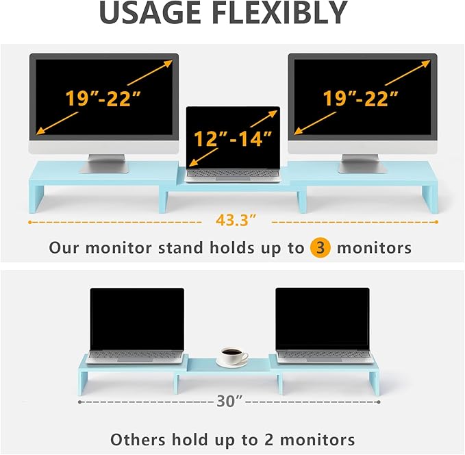 TAVR Dual Monitor Stand Riser, Wooden Computer Monitor Stand for 2 Monitors | Extra Long Multifunctional Desktop Organizer Riser for TV, PC Monitor, Laptop, Printer, Max 43.3" Length, Blue