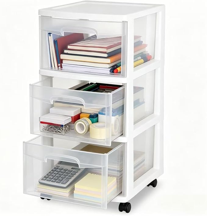 3 Drawer Plastic Storage Cart, Clear Rolling Home Office Organizer WHITE | Removable wheels switch between rolling mobility & stationary stability for any room.