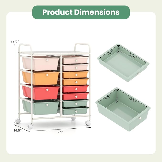 BECOMFORT 15-Drawer Rolling Cart with Drawers, Storage Cart on Wheels, Teacher Classroom Organizers with Metal Frame, Mobile Craft Cart for Tools