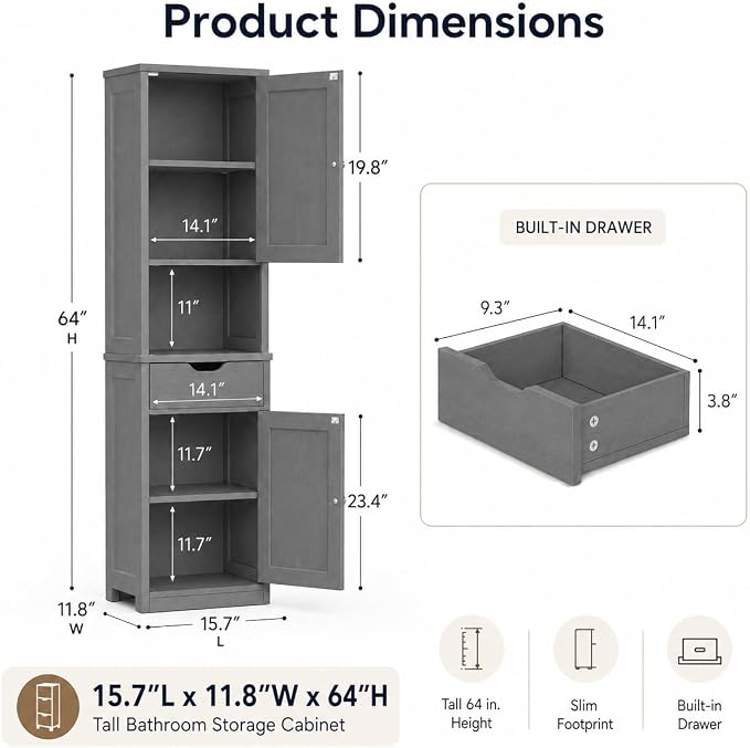 Walsunny Tall Bathroom Storage Cabinet with Freestanding Adjustable Shelves, Narrow Storage Linen Cabinet with 2 Doors and 1 Drawer for Bathroom, Living Room, Kitchen, Gray