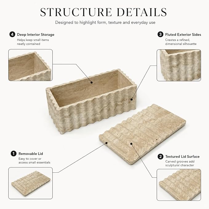 Travertine Storage Box with Lid, Wave Stone Organizer | Lidded design, wave texture, beige travertine pores vary, accessories not included