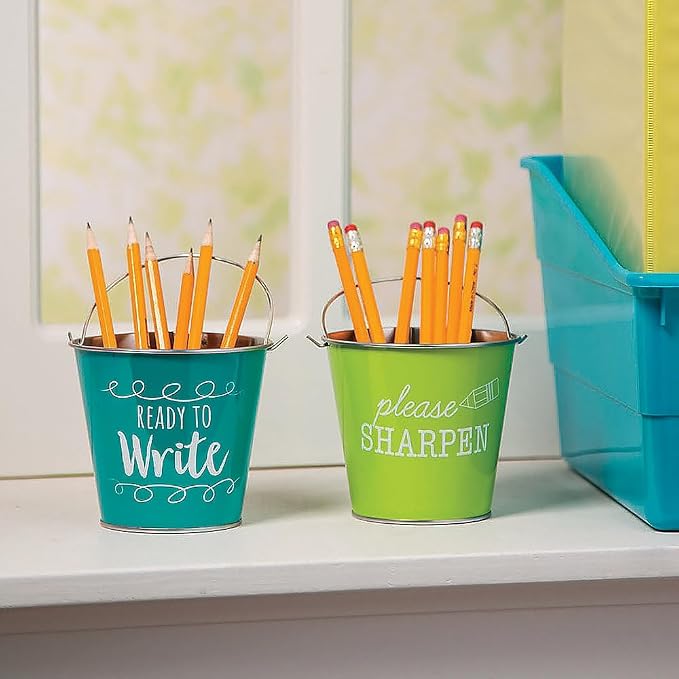Fun Express Sharp & Dull Pencil Holder, 2 Pack Metal Pail Set | Classroom Organization and Storage, Pencil Dispenser, Elementary School Teacher Desk Accessories, Teacher Must Haves