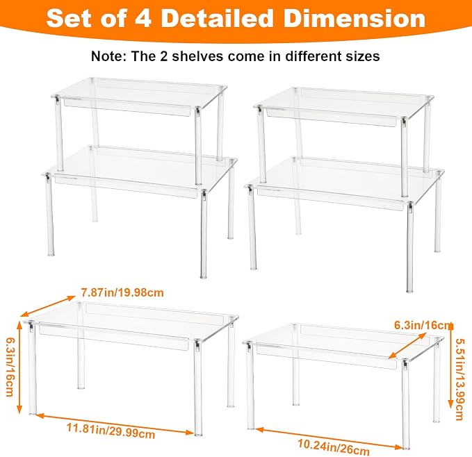 4 Pcs Clear Acrylic Cabinet Organizer Shelves, Stackable Spice Rack & Shelf Riser for Kitchen Pantry, Countertop, Bathroom, Desk & Cupboard Storage, Versatile Display Organizer for Makeup