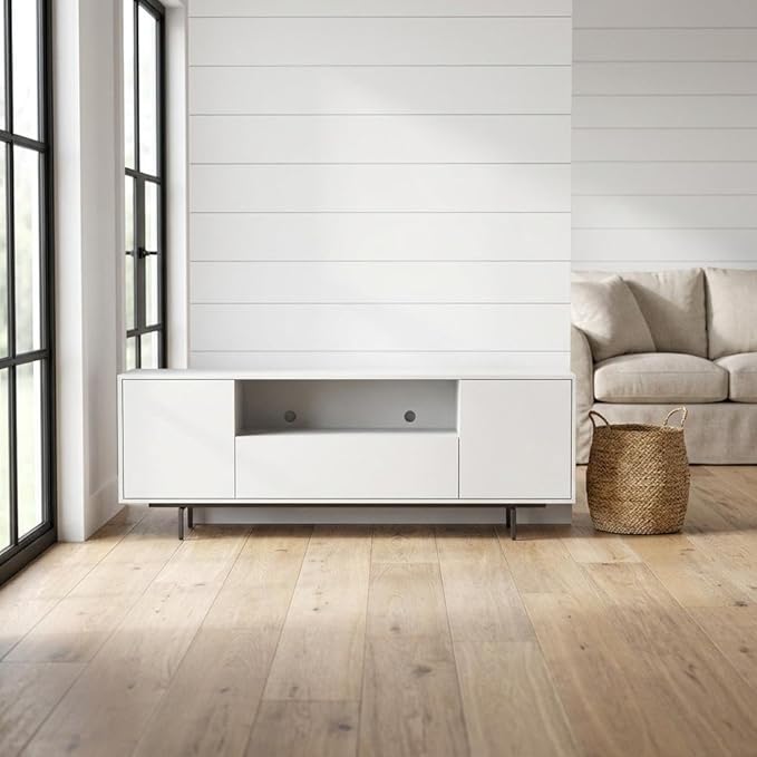 Furnifact White Laminate 3 Door TV Console for Modern Transitional Industrial Living Room Decor, Engineered Wood, Sleek Storage Solution