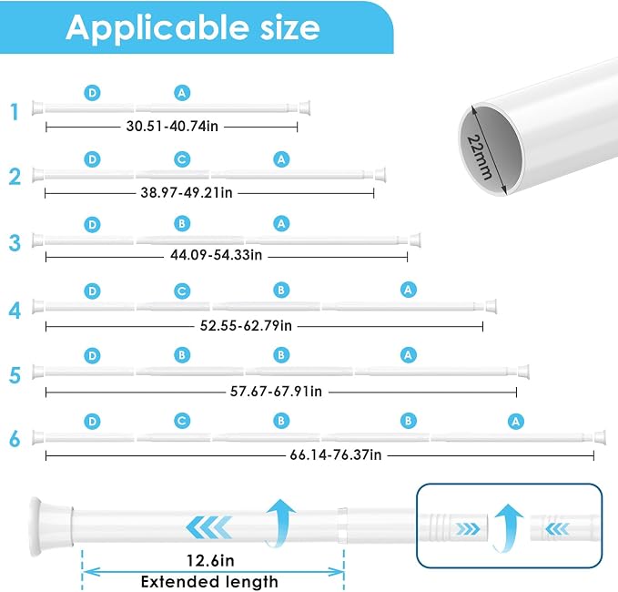 2Pcs Tension Curtain Rod 31 To 76 Inch White Shower Curtain Rod No Drilling Adjustable Spring Loaded Curtain Rods 7/8"Diameter Shower Rods For Bathroom Windows Bedroom Closet Doorway Door