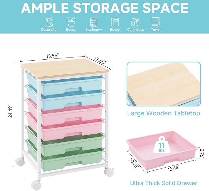 SYKIARIOL Rolling Cart with Drawers,Utility Cart with 6 Drawers,Rolling Storage Cart with Drawers and Wooden Tabletop & Lockable Wheel,Colorful