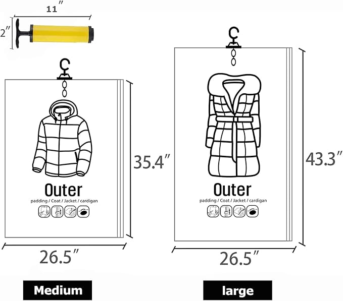 Hanging Vacuum Storage Bags, 2024 New Reusable Hanging Vacuum Storage Bags for Clothes, Coats, Jackets, Hanging Compressible Storage Bag Space Saver Bags with Hand Pumps (Large, 3Pcs)