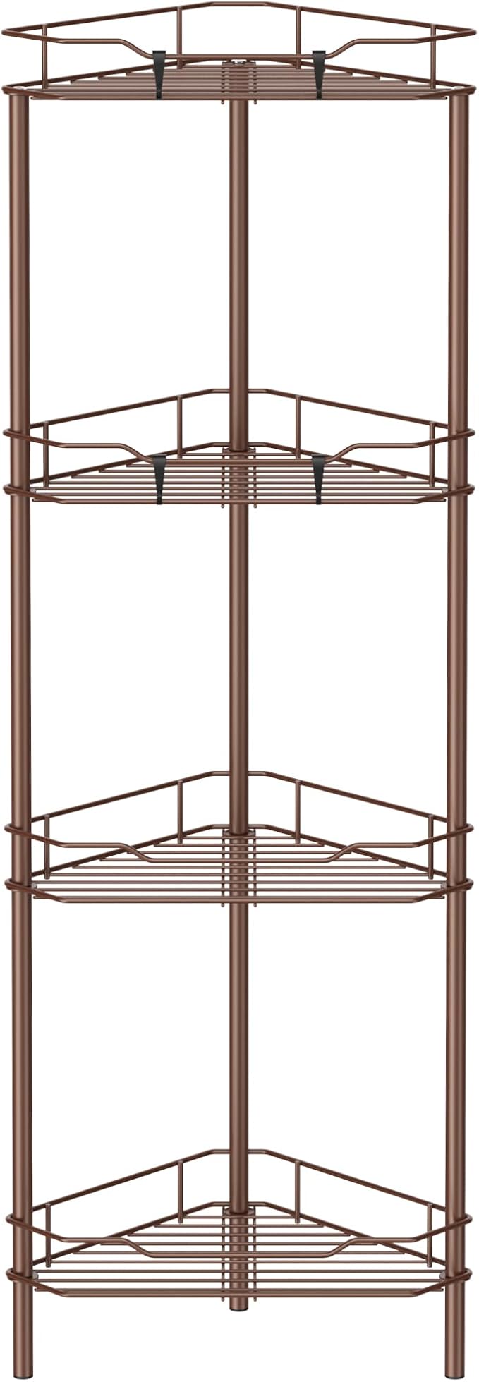 HuggieGems 4 Tier Floor Standing Corner Shower Caddy Organizer Shelf with Hooks, Bathroom Shelves Stand Rack, Coffee