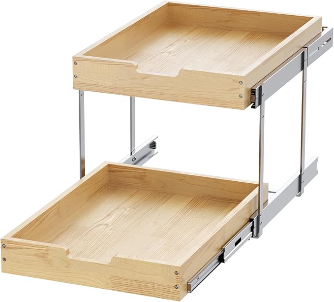 Sikarou Wood Pull Out Cabinet Organizer 2 Tie 26" W x 21" D, Heavy-Duty Sliding Drawers for Inside Cabinets Storage and Organization for Kitchen, Pantry, Bathroom