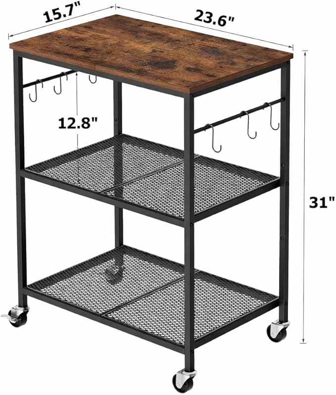 Homleke 3-Tier Rolling Kitchen Microwave Cart, Utility Cart | Coffee Bar Table Station with 6 Hooks, Small Appliance Storage Shelf, Rustic Brown and Black