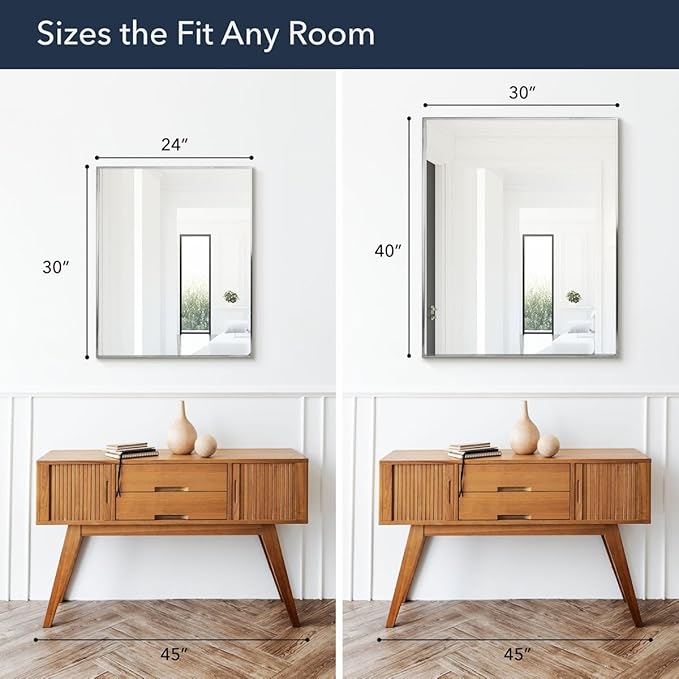 Head West Spectrum Modern Rectangular Mirror 24" x 30", Brushed Nickel Finished Stainless Steel Framed Bathroom Mirrors for Over Sink and Living Room and Entry Way