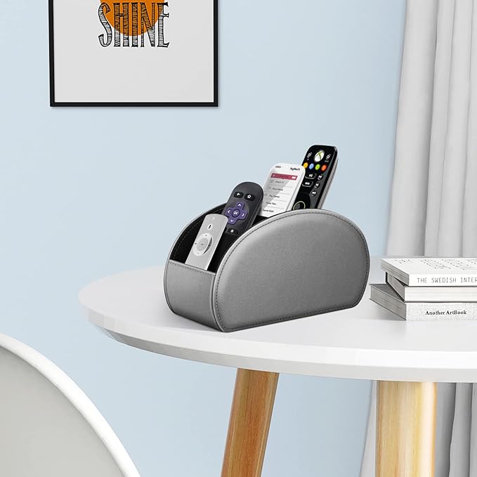 FINTIE Remote Control Holder, 5 Compartments Vegan Leather TV Remoter Caddy Desktop Organizer Makeup Brush Holder Storage Fits TV Remotes, Media Controllers, Office Supplies(Silver Gray)