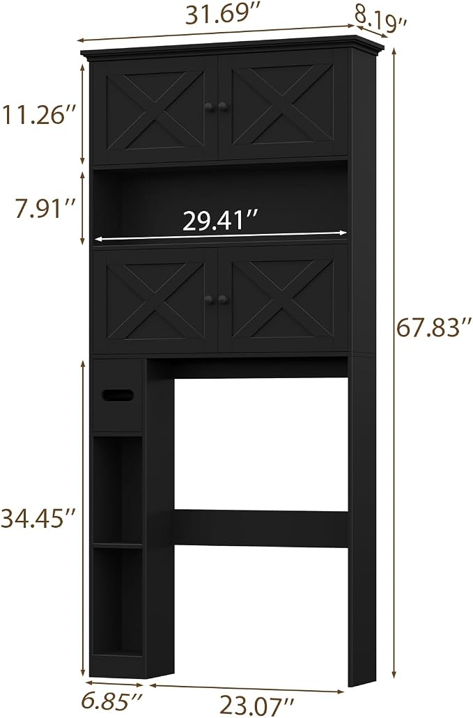 Halitaa Over The Toilet Storage Cabinet with Doors & Paper Holder, Black | Halitaa Farmhouse Toilet Shelf Home Space Saver with 4 Barn Doors & Toilet Paper Holder Stand for Restroom, Bathroom, Laundry