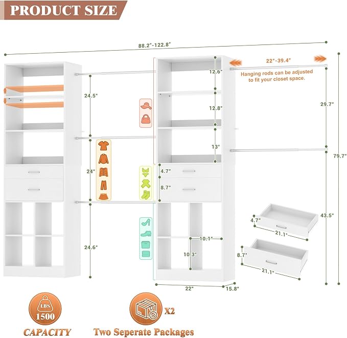 Besiost Closet System, 7.4ft-10ft with 4 Wooden Drawers and 5 Hanging Rods, Can Fit 88 to 123 inch Walk-in Closet System, White