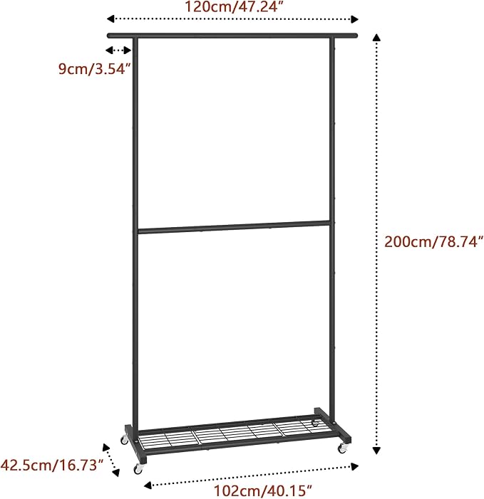 Sywhitta Double Rod Clothing Garment Rack, Rolling Coat Hanger with Bottom Mesh, Clothing Rack for Hanging Clothes, Coats, Skirts, Sweaters, Black