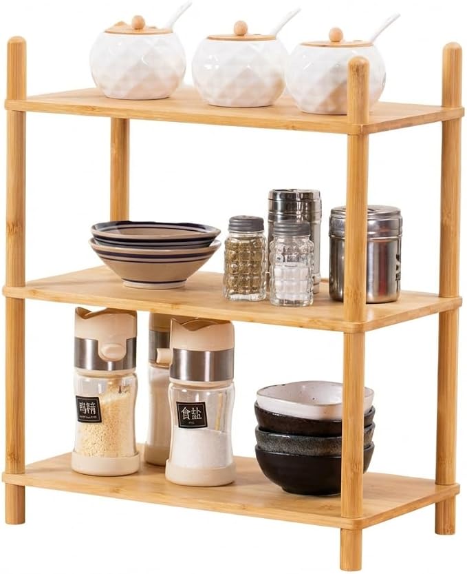 3-Tier Bamboo Coffee Bar Organizer,Coffee Bar Accessories, Mul-tifunctional Wooden Beaded Coffee Station Countertop Stand Shelf for Kitchen Home Office,Counter Riser Display Shelf for Top of Desk Home
