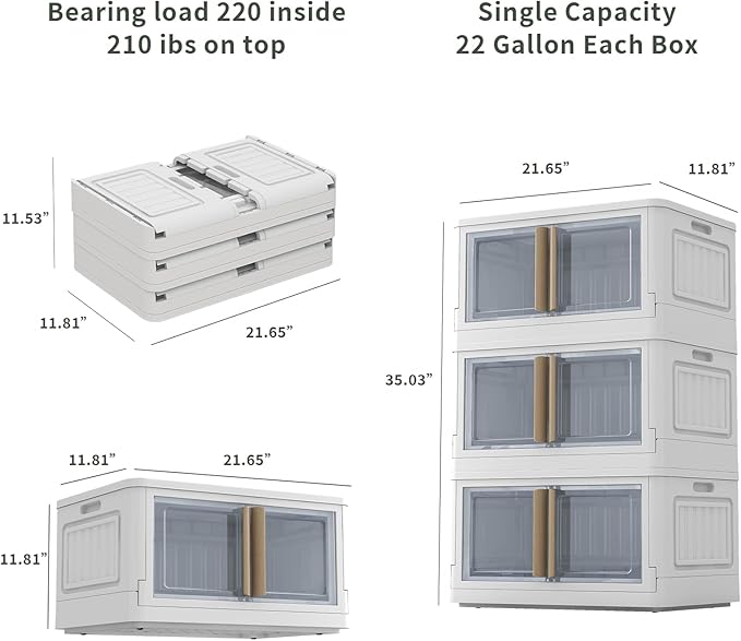 Collapsible Storage Bins with Lids, Wooden Handles 92Qt Large 3 Packs Stackable Storage Bin with Individual Lids, Foldable Storage Cabinet for Home, Office, Dorms