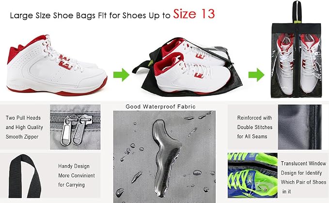 BeeGreen Black Transparent Shoe Bags 4 Pack for Travel with Handle as Packing Organizers for Suitcase and Luggage | Portable Nylon Storage Accessories for Vacations, Essential Gifts for Women and Men