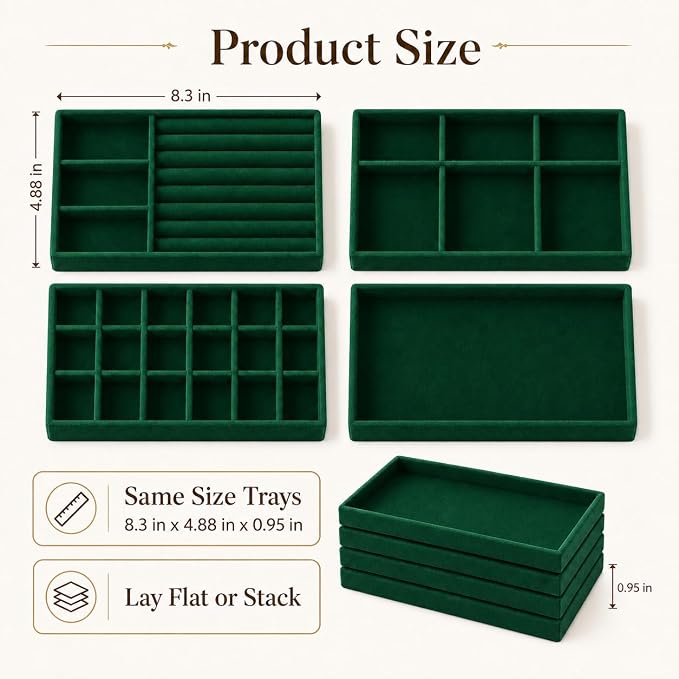 4 Pack Stackable Jewelry Organizer Tray Set - Velvet Display Case | for Rings Earrings Necklaces, for Drawer Organization, Can Stacked