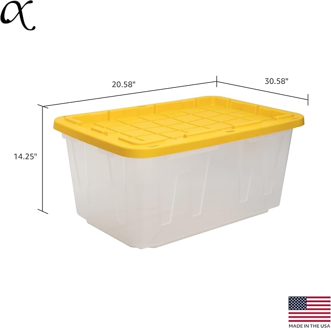 CX BLACK & YELLOW 27-Gallon Heavy Duty Clear Stackable Storage Bins with Lids, Dorm Room Essentials, Dorm Storage, Moving Boxes, Back to School, Classroom Organization, Home Organization, 2 Pack (14.3H x 20.6W x 30.6D)