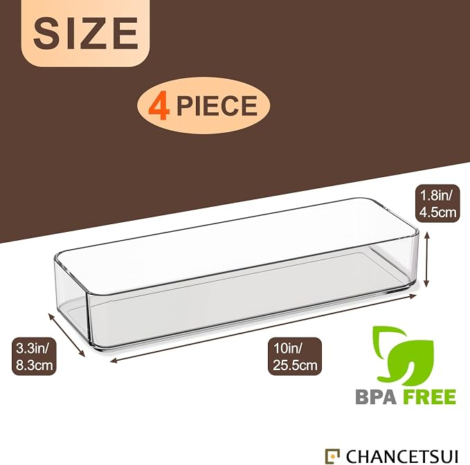 CHANCETSUI Clear Acrylic Drawer Organizer Storage: Stackable Plastic Storage Tray for Makeup and Personal Care, 4 Pieces, 3x9 Inch