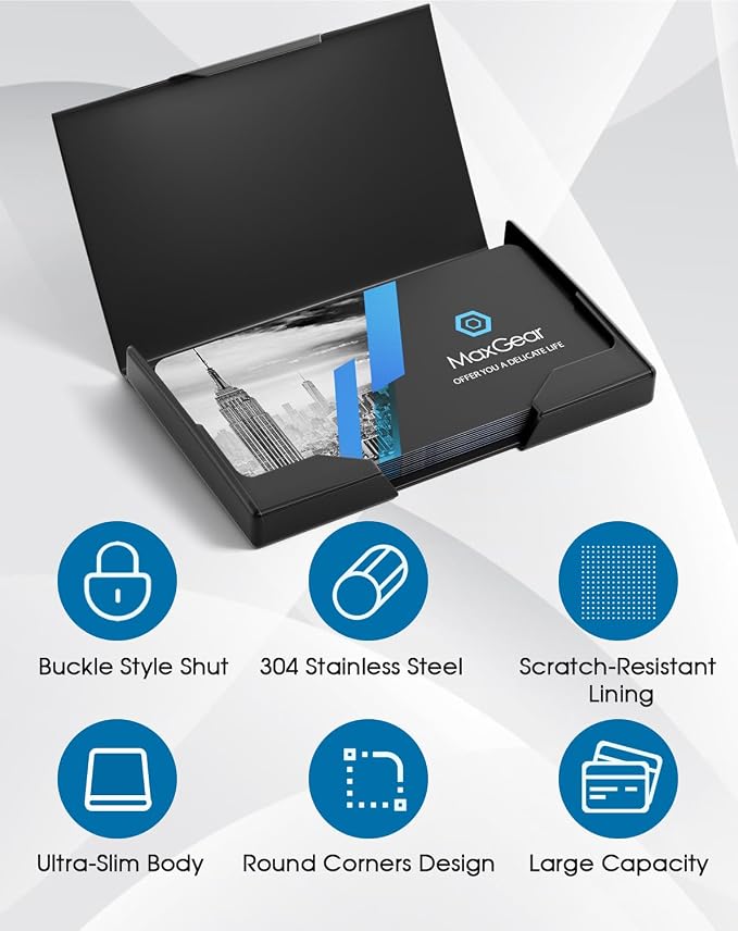 MaxGear Stainless Steel & ABS Business Card Holder, Slim Card Case, Black | Buckle Closure, Fits Standard Business Cards and Credit Cards