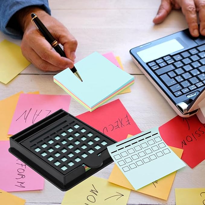 Sticky Note Holder with 5 Different Stencil & 100 Sheet Post It Notes, 3x3 inch Sticky Pads Dispenser with Line Box Drawing Template for Office and Home(COLOR:black)