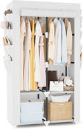 Portable Closet for Hanging Clothes, Portable Wardrobe Closet with Cover, 4 Storage Shelves, 2 Hanging Rods and 8 Side Pockets, Easy Assembly and Sturdy Free Standing Closet for Bedroom, White