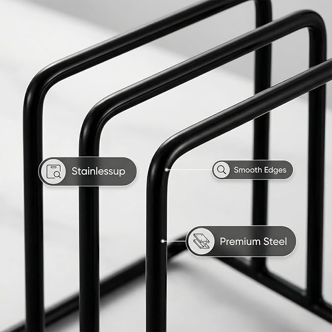 Stainless Steel Cutting Board Organizer,Cutting Board Holder Stand，Pot Lid Organizer, Kitchen Storage Rack for Lids and Boards,Cutting Board Stand for Countertop-(Black)
